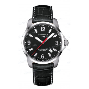 Ремешок для часов Certina 20/18 мм, черный, имитация крокодила, белая прострочка, стальная клипса, DS PODIUM (C001.610)