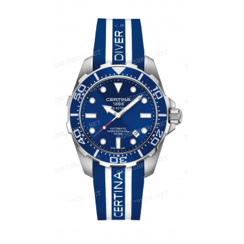 Ремешок для часов Certina 21/19 мм, голубой с белыми полосами, резиновый, интегрированный, без замка, DS ACTION (C013.407)