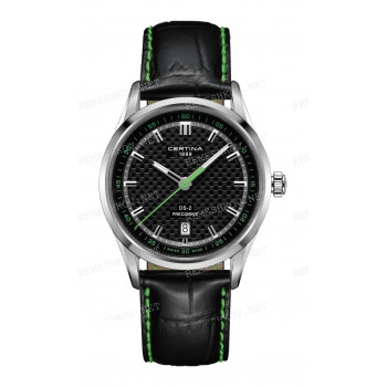 Ремешок для часов Certina 21/20 мм, черный, XL, имитация крокодила, зеленая прострочка, без замка, DS-2 (C024.410)