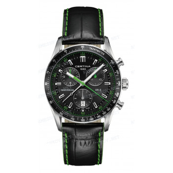 Ремешок для часов Certina 22/20 мм, черный, XL, имитация крокодила, зеленая прострочка, без замка, DS-2 (C024.447)