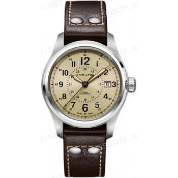 Ремешок для часов Hamilton 20/20 мм, коричневый, теленок, бежевая прострочка, Khaki Field (H70595)