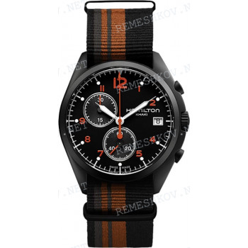 Ремешок для часов Hamilton 22/22 мм, черный/оранжевый NATO, текстиль, черная пряжка, Khaki Pilot (H76582)