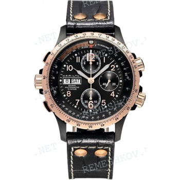 Ремешок для часов Hamilton 22/22 мм, черный, имитация крокодила, белая прострочка, розовая пряжка, Khaki X-Wind XL (H77676)