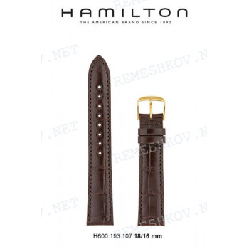 Ремешок для часов Hamilton 18/16 мм, коричневый, имитация крокодила, лаковый, желтая пряжка, Lloyd M (H19331)