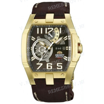 Ремешок для часов Orient FTAB-A0, 26/20 мм, коричневый, кожа, под корпус с выступами, белая прострочка, клипса
