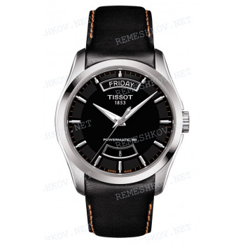 Ремешок для часов Tissot 22/20 мм, черный, XL, теленок, интегрированный, оранжевая прострочка, без замка, COUTURIER (T035.407)