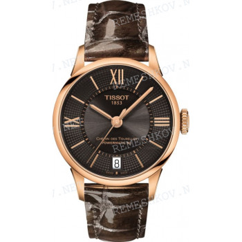Ремешок для часов Tissot 16/14 мм, коричневый, имитация крокодила, лаковый, розовая клипса, CHEMIN DES TOURELLES (T099.207)