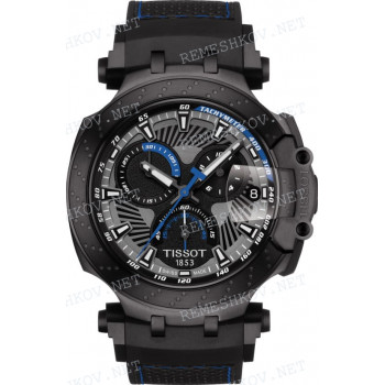 Ремешок для часов Tissot 22/22 мм, черный, резиновый, интегрированный, синяя прострочка, черная пряжка, T-RACE (T115.417)