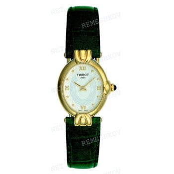 Ремешок для часов Tissot 14/10 мм, зеленый, имитация крокодила, с вырезом, желтая пряжка, CARMEN (T685.355, T686.335, T685.155, T685.135)