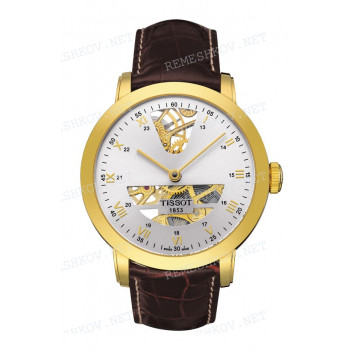 Ремешок для часов Tissot 20/18 мм, коричневый, имитация крокодила, белая прострочка, желтая клипса, SCULPTURE LINE (G691) (T713.471)