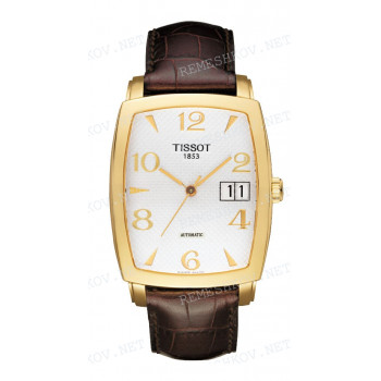 Ремешок для часов Tissot 19/16 мм, коричневый, имитация крокодила, белая прострочка, желтая пряжка, SCULPTURE LINE (T713.633)
