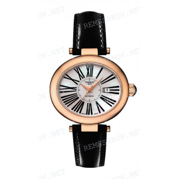 Ремешок для часов Tissot 13/10 мм, черный, теленок, с вырезом, лаковый, розовая пряжка, GLAMOROUS (T917.307)